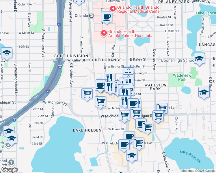 map of restaurants, bars, coffee shops, grocery stores, and more near 93 West Grant Street in Orlando