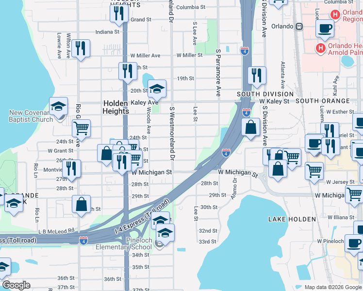 map of restaurants, bars, coffee shops, grocery stores, and more near 911 25th Street in Orlando