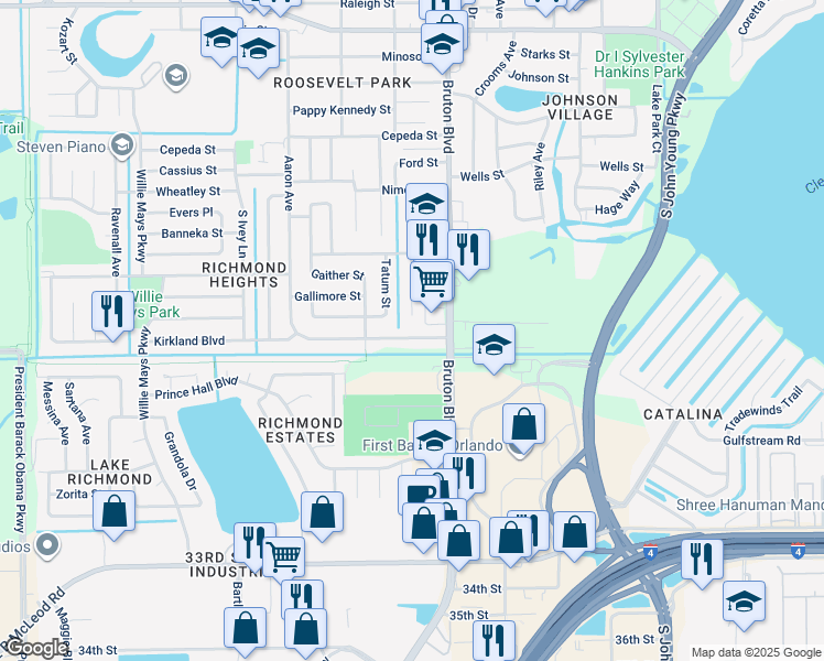 map of restaurants, bars, coffee shops, grocery stores, and more near 4040 Kirkland Boulevard in Orlando