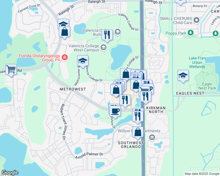 map of restaurants, bars, coffee shops, grocery stores, and more near 6125 Metrowest Boulevard in Orlando