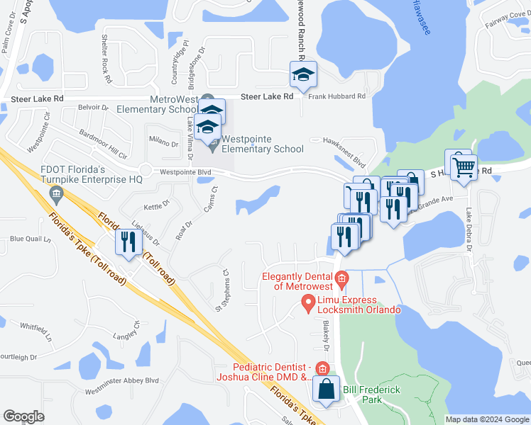 map of restaurants, bars, coffee shops, grocery stores, and more near 7310 Westpointe Boulevard in Orlando