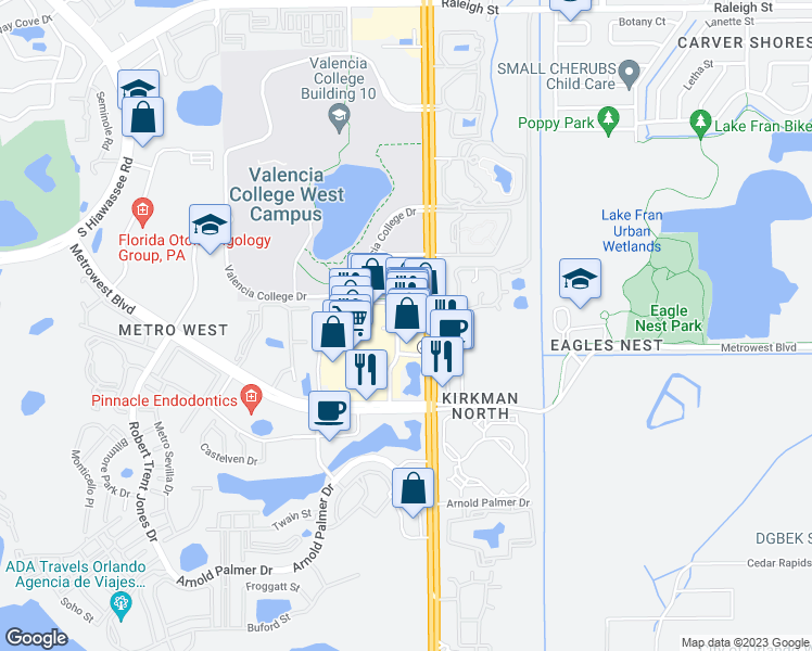 map of restaurants, bars, coffee shops, grocery stores, and more near 2308 South Kirkman Road in Orlando