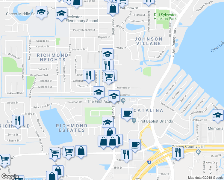map of restaurants, bars, coffee shops, grocery stores, and more near 4001 Kirkland Boulevard in Orlando