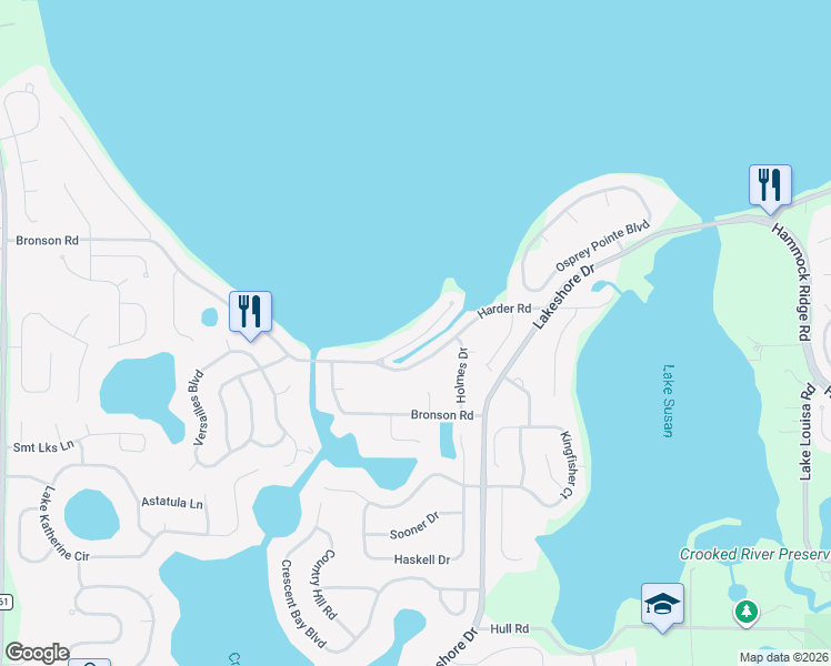 map of restaurants, bars, coffee shops, grocery stores, and more near 11307 Cypress Drive in Clermont