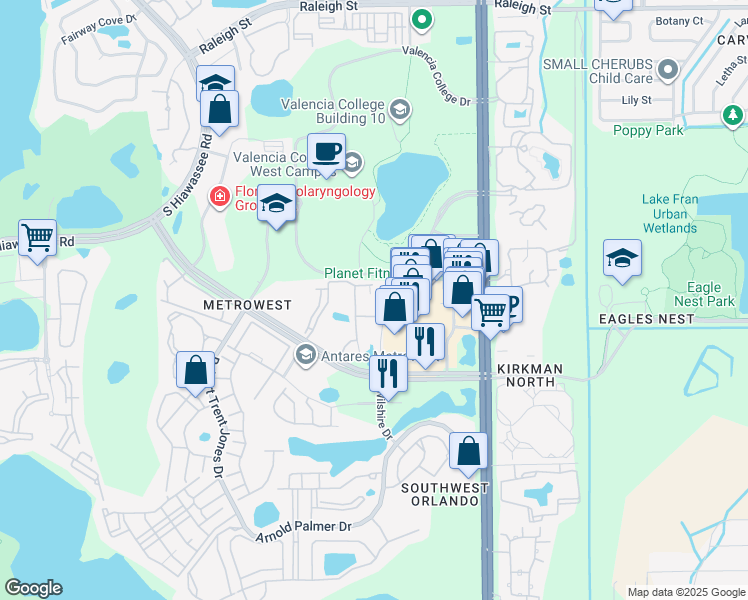 map of restaurants, bars, coffee shops, grocery stores, and more near 6125 Metrowest Boulevard in Orlando