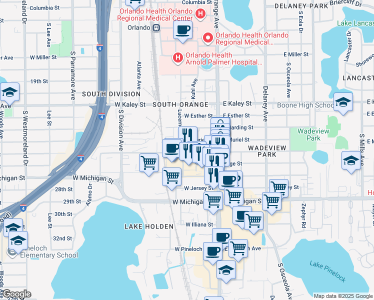 map of restaurants, bars, coffee shops, grocery stores, and more near 93 West Grant Street in Orlando