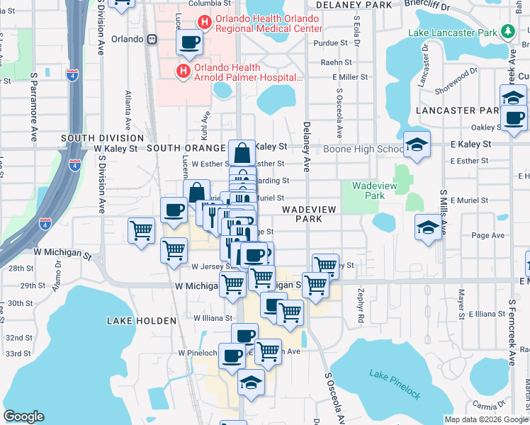 map of restaurants, bars, coffee shops, grocery stores, and more near 134 East Grant Street in Orlando