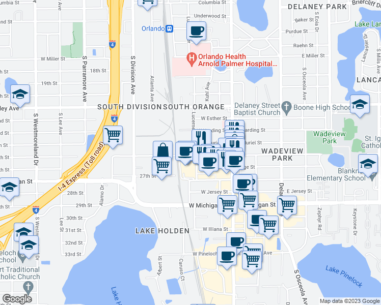 map of restaurants, bars, coffee shops, grocery stores, and more near 111 West Grant Street in Orlando