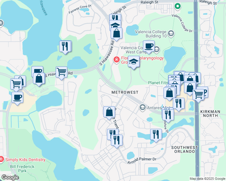 map of restaurants, bars, coffee shops, grocery stores, and more near 6430 Metrowest Boulevard in Orlando