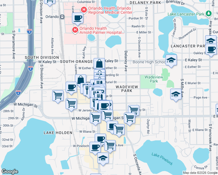 map of restaurants, bars, coffee shops, grocery stores, and more near 134 East Grant Street in Orlando