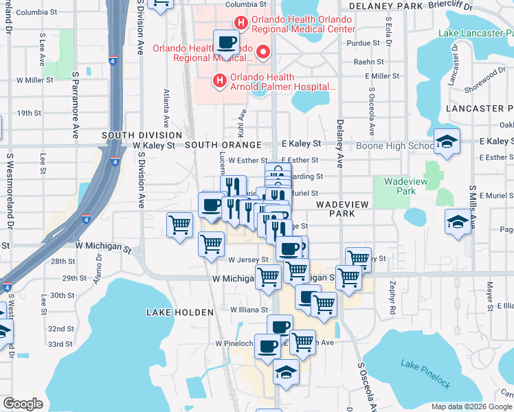 map of restaurants, bars, coffee shops, grocery stores, and more near 101 West Grant Street in Orlando