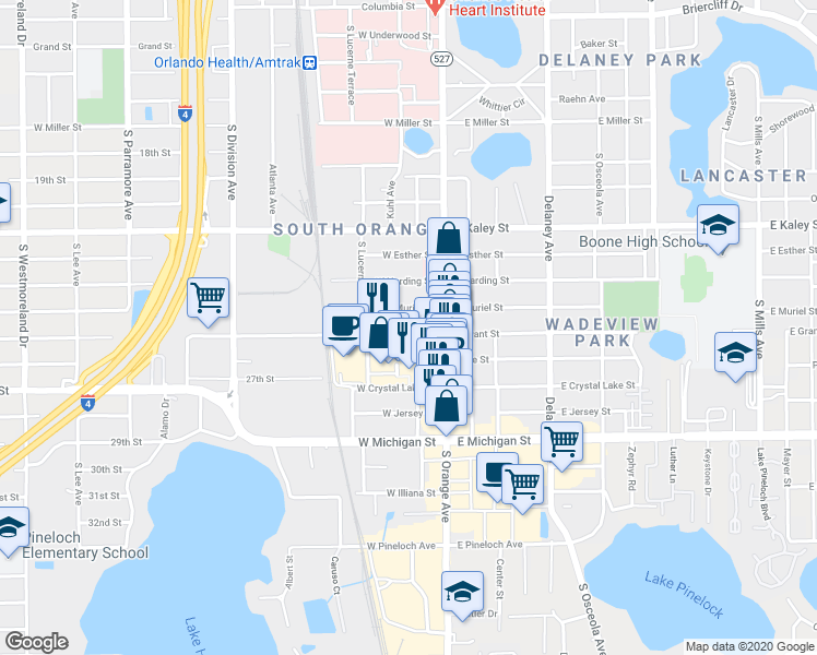 map of restaurants, bars, coffee shops, grocery stores, and more near 101 West Grant Street in Orlando