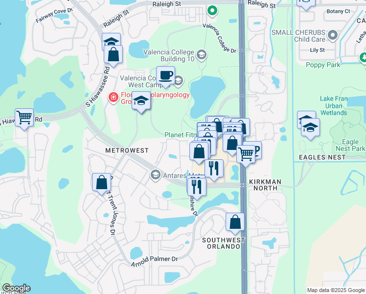 map of restaurants, bars, coffee shops, grocery stores, and more near 6121 Metrowest Boulevard in Orlando