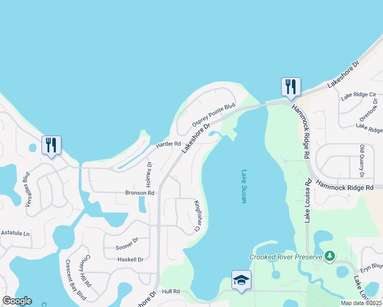 map of restaurants, bars, coffee shops, grocery stores, and more near 11649 Audubond Lane in Clermont