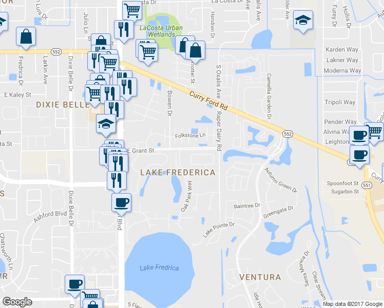 map of restaurants, bars, coffee shops, grocery stores, and more near 5958 Village Circle North in Orlando