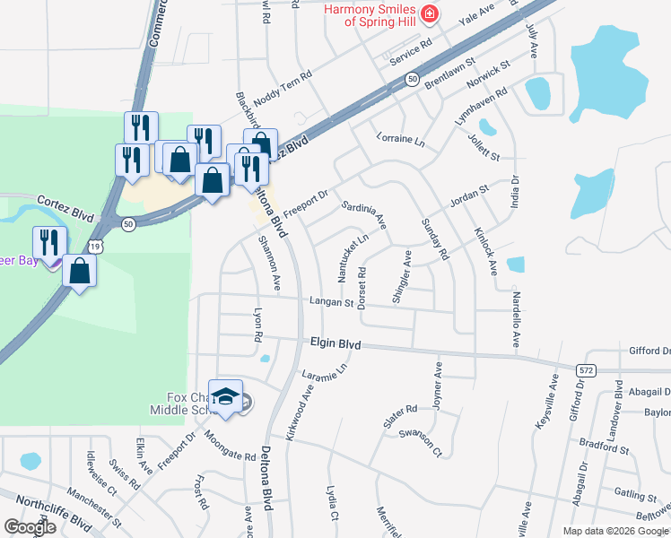 map of restaurants, bars, coffee shops, grocery stores, and more near 6105 Nantucket Lane in Spring Hill