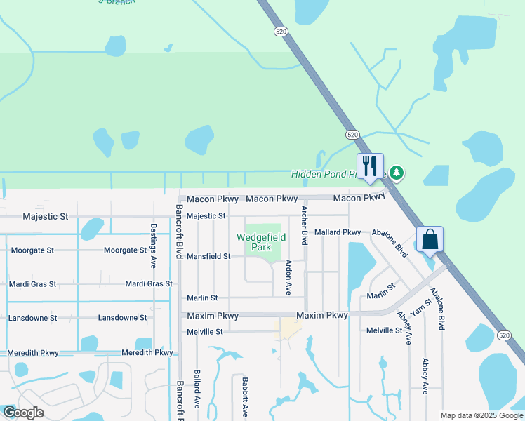map of restaurants, bars, coffee shops, grocery stores, and more near 20461 Majestic Street in Orlando