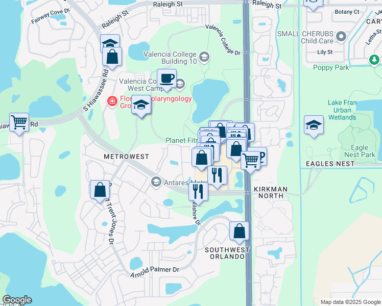 map of restaurants, bars, coffee shops, grocery stores, and more near 6129 Metrowest Boulevard in Orlando