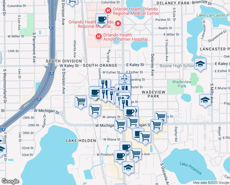 map of restaurants, bars, coffee shops, grocery stores, and more near 101 West Grant Street in Orlando