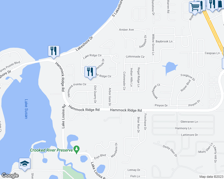 map of restaurants, bars, coffee shops, grocery stores, and more near 12601 Colonnade Circle in Clermont