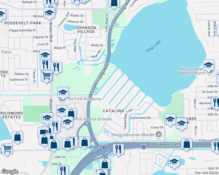 map of restaurants, bars, coffee shops, grocery stores, and more near 2419 Caribbean Court in Orlando