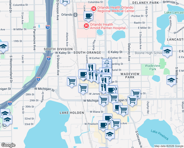 map of restaurants, bars, coffee shops, grocery stores, and more near 93 West Grant Street in Orlando