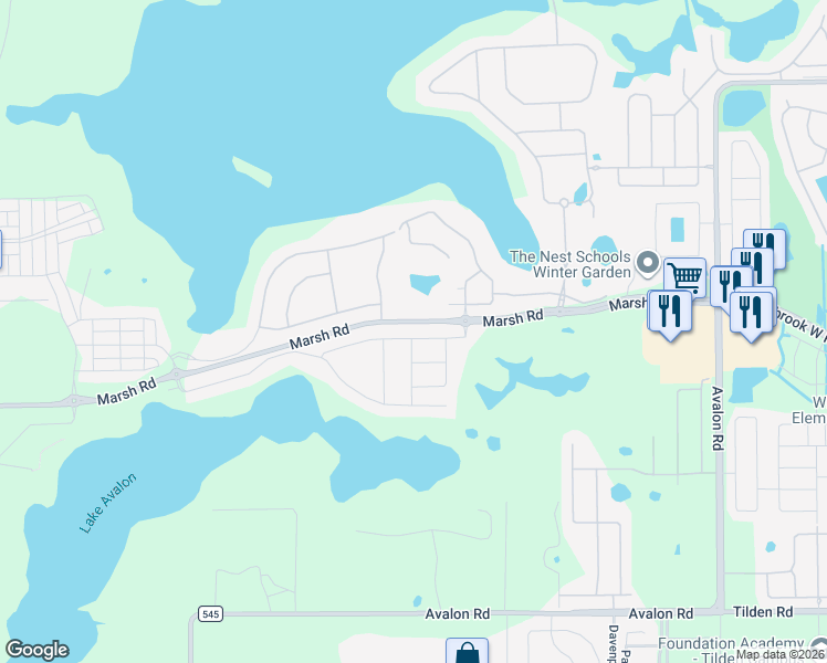 map of restaurants, bars, coffee shops, grocery stores, and more near 16642 Toccoa Row in Winter Garden