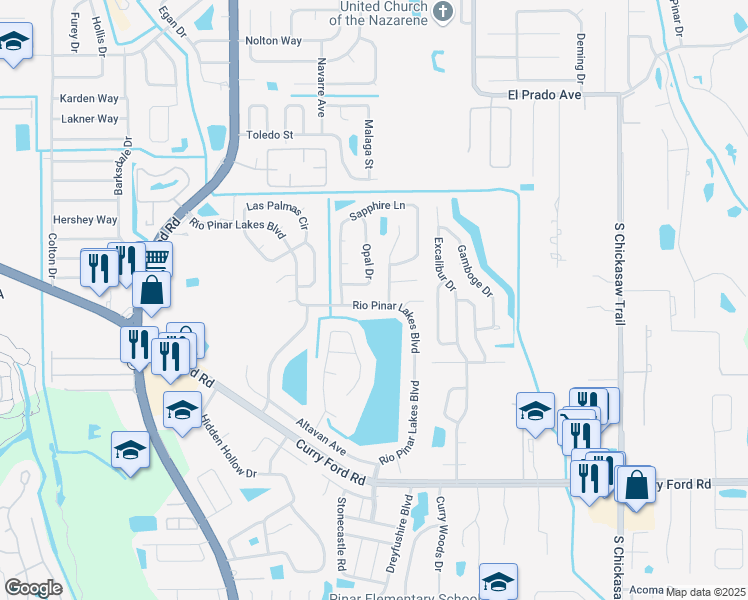 map of restaurants, bars, coffee shops, grocery stores, and more near 2241 Rio Pinar Lakes Boulevard in Orlando