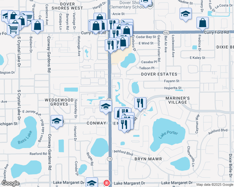 map of restaurants, bars, coffee shops, grocery stores, and more near 2409 South Conway Road in Orlando