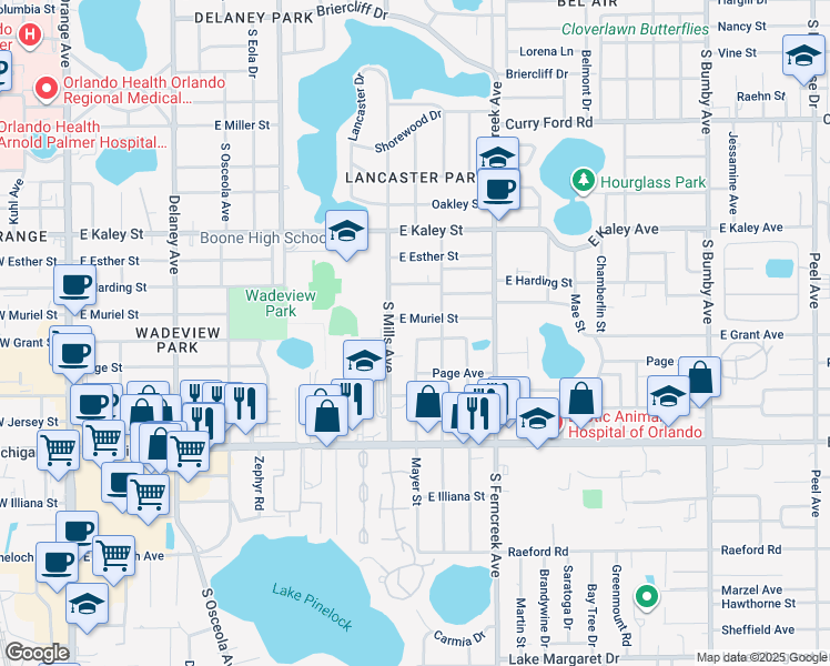 map of restaurants, bars, coffee shops, grocery stores, and more near 2302 Mayer Street in Orlando