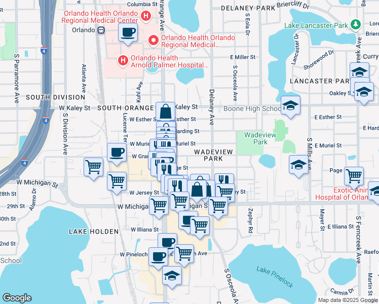 map of restaurants, bars, coffee shops, grocery stores, and more near 218 East Grant Street in Orlando