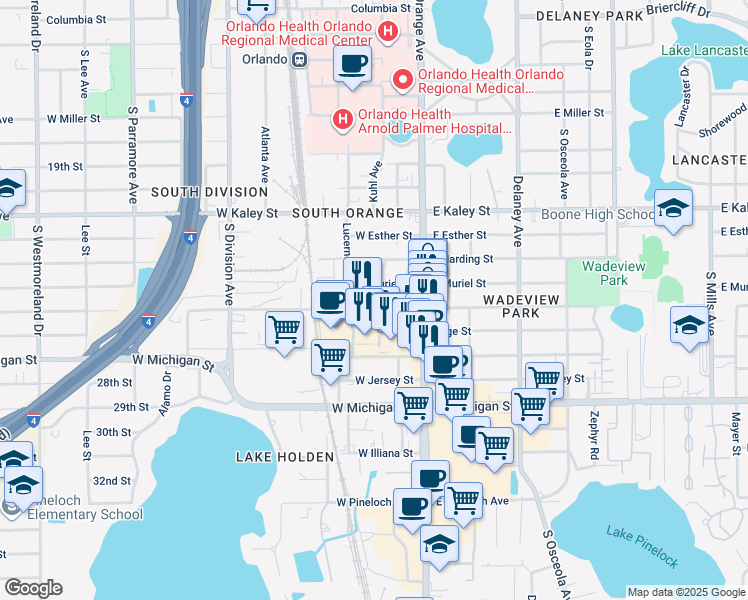 map of restaurants, bars, coffee shops, grocery stores, and more near 101 West Grant Street in Orlando