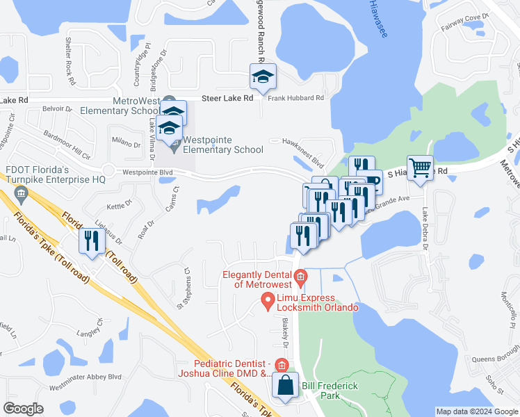 map of restaurants, bars, coffee shops, grocery stores, and more near 7250 Westpointe Boulevard in Orlando