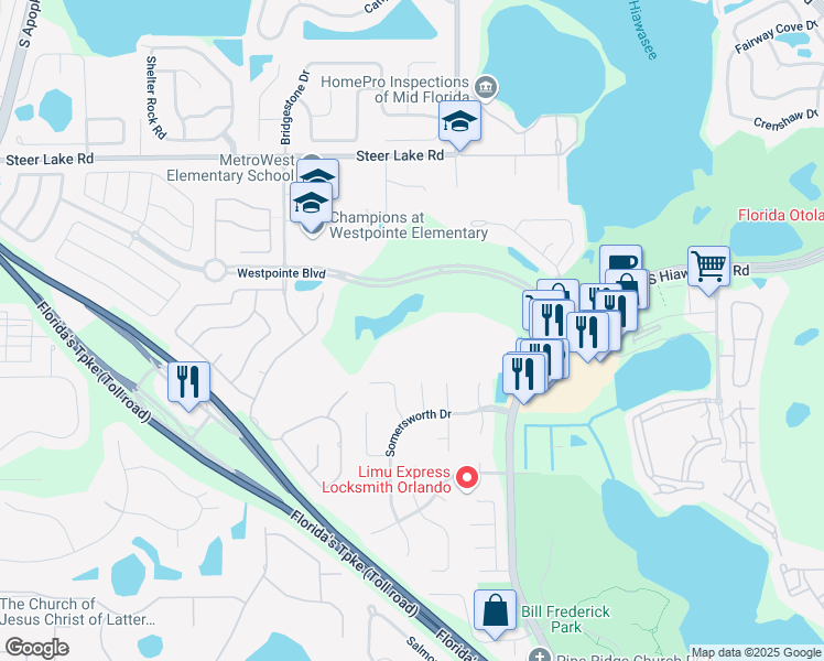 map of restaurants, bars, coffee shops, grocery stores, and more near 7310 Westpointe Boulevard in Orlando