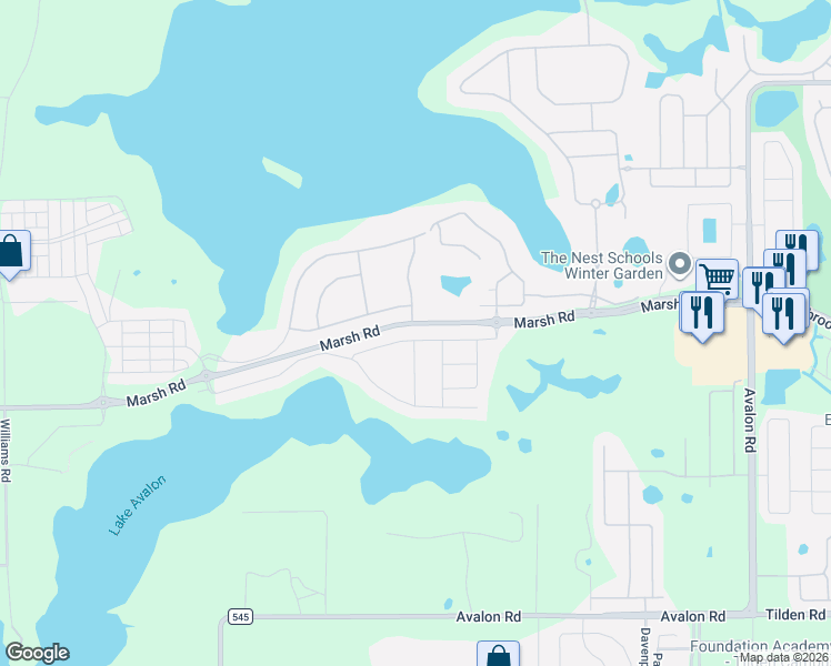 map of restaurants, bars, coffee shops, grocery stores, and more near 16689 Toccoa Row in Winter Garden