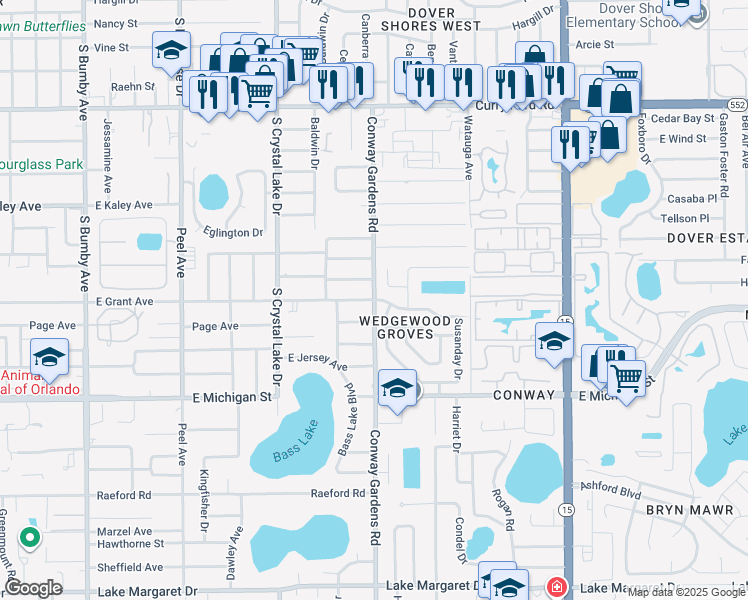 map of restaurants, bars, coffee shops, grocery stores, and more near East Grant Street in Orlando