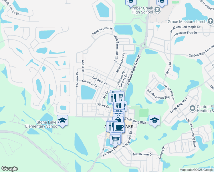 map of restaurants, bars, coffee shops, grocery stores, and more near 13812 Cepheus Drive in Orlando