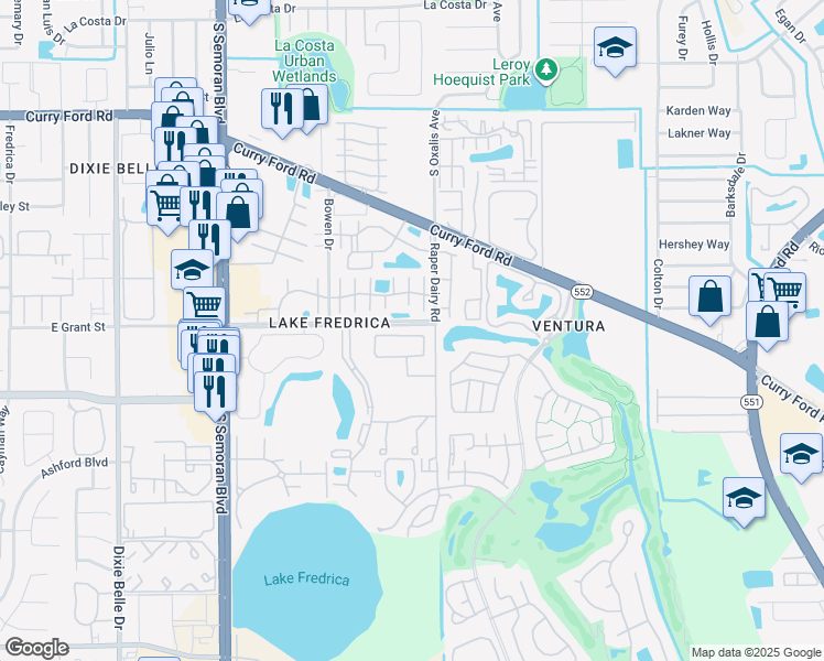 map of restaurants, bars, coffee shops, grocery stores, and more near 6034 Village Circle North in Orlando