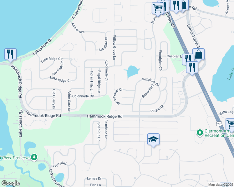 map of restaurants, bars, coffee shops, grocery stores, and more near 13210 Moonflower Court in Clermont