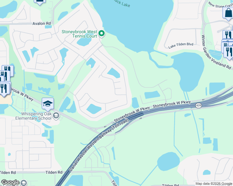 map of restaurants, bars, coffee shops, grocery stores, and more near 2617 Oakington Street in Winter Garden