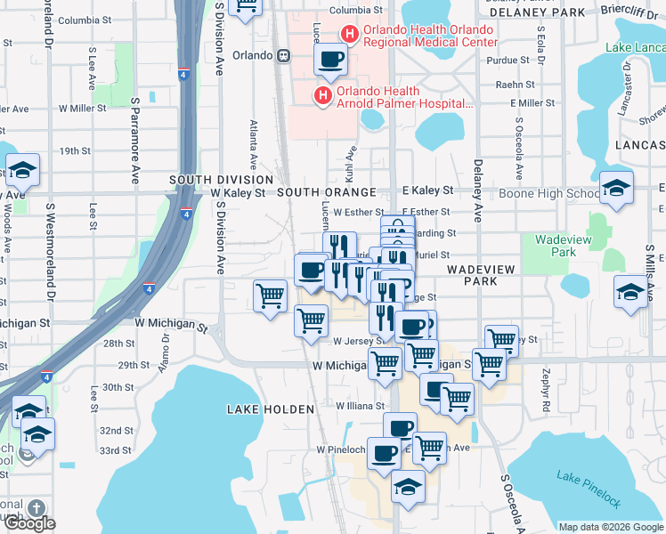 map of restaurants, bars, coffee shops, grocery stores, and more near 93 West Grant Street in Orlando