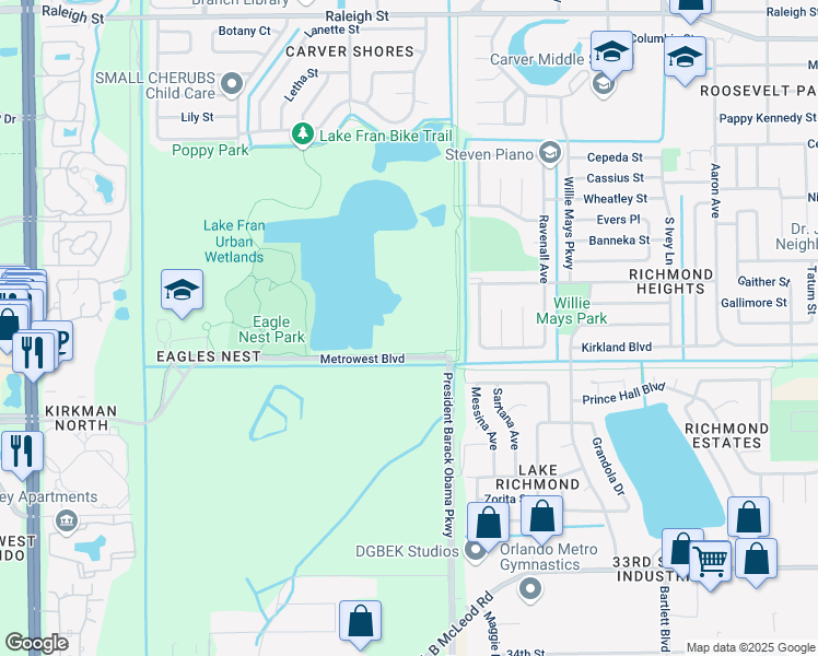 map of restaurants, bars, coffee shops, grocery stores, and more near 4799 Vargas Street in Orlando