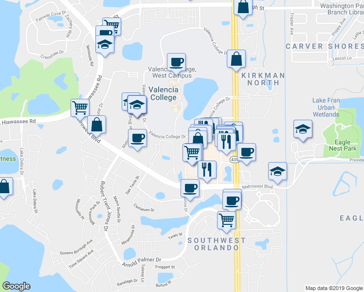 map of restaurants, bars, coffee shops, grocery stores, and more near 6125 Metrowest Boulevard in Orlando