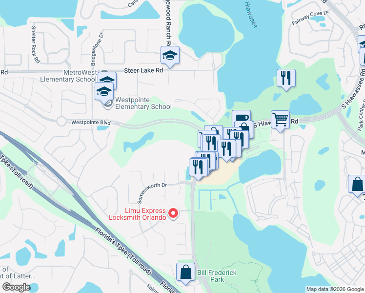 map of restaurants, bars, coffee shops, grocery stores, and more near 7250 Westpointe Boulevard in Orlando