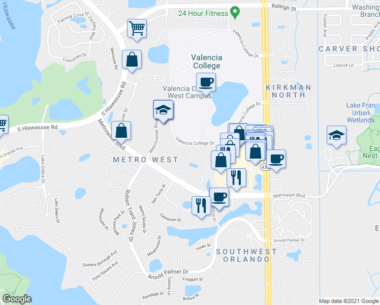 map of restaurants, bars, coffee shops, grocery stores, and more near 6121 Metrowest Boulevard in Orlando