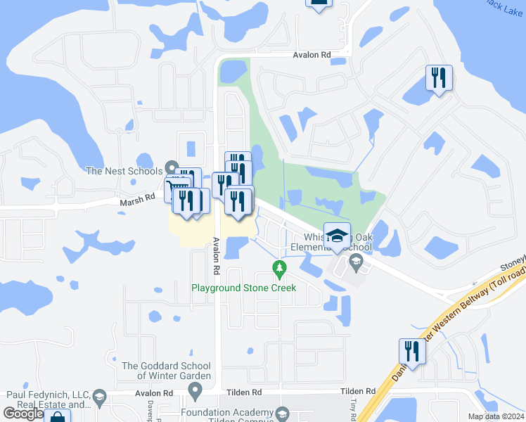 map of restaurants, bars, coffee shops, grocery stores, and more near 15333 Harrowgate Way in Winter Garden