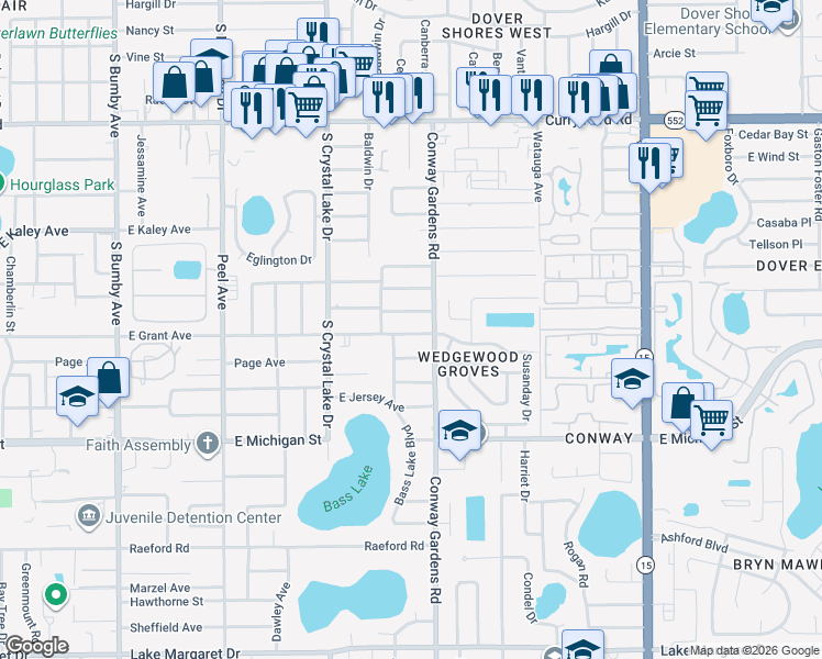 map of restaurants, bars, coffee shops, grocery stores, and more near 2305 Rest Haven Avenue in Orlando