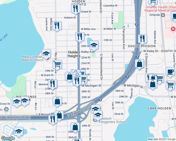 map of restaurants, bars, coffee shops, grocery stores, and more near 1223 25th Street in Orlando