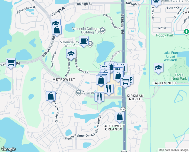 map of restaurants, bars, coffee shops, grocery stores, and more near 6125 Metrowest Boulevard in Orlando