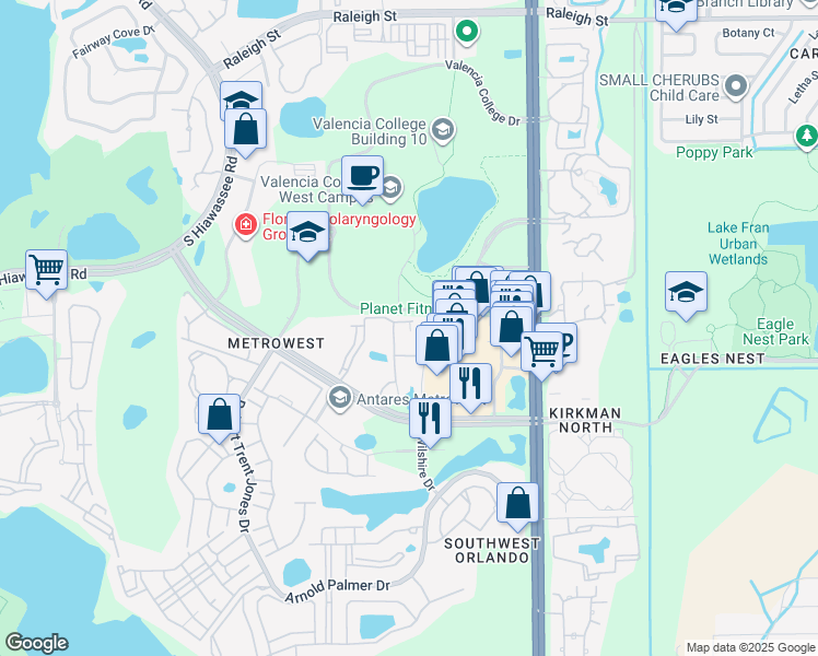 map of restaurants, bars, coffee shops, grocery stores, and more near 6131 Metrowest Boulevard in Orlando